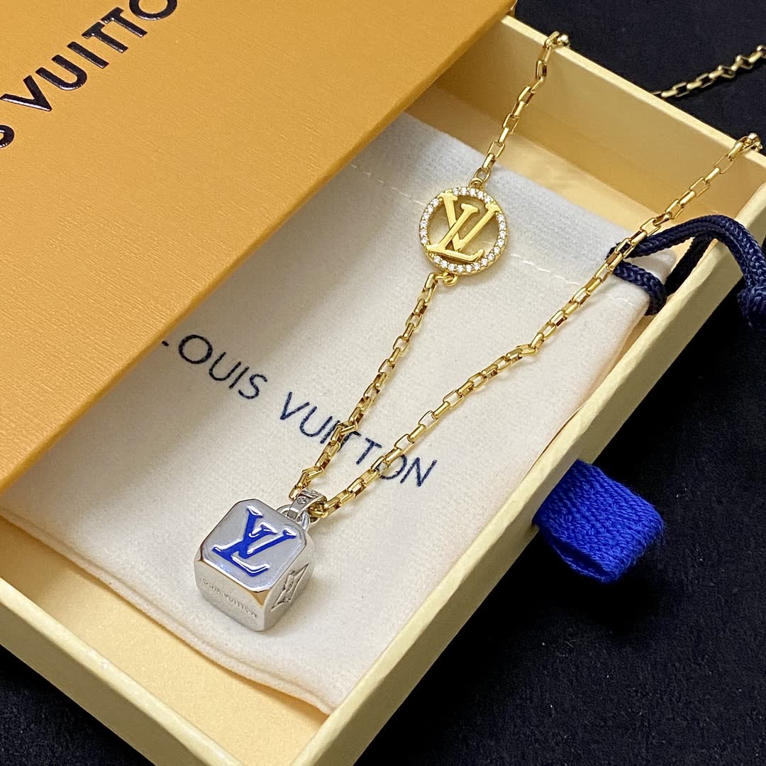 Louis Vuitton Gold Tone Chain Necklace with Logo Pendant